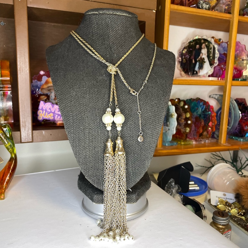 Gold-Tone Pearl Tassel Lariat Necklace
